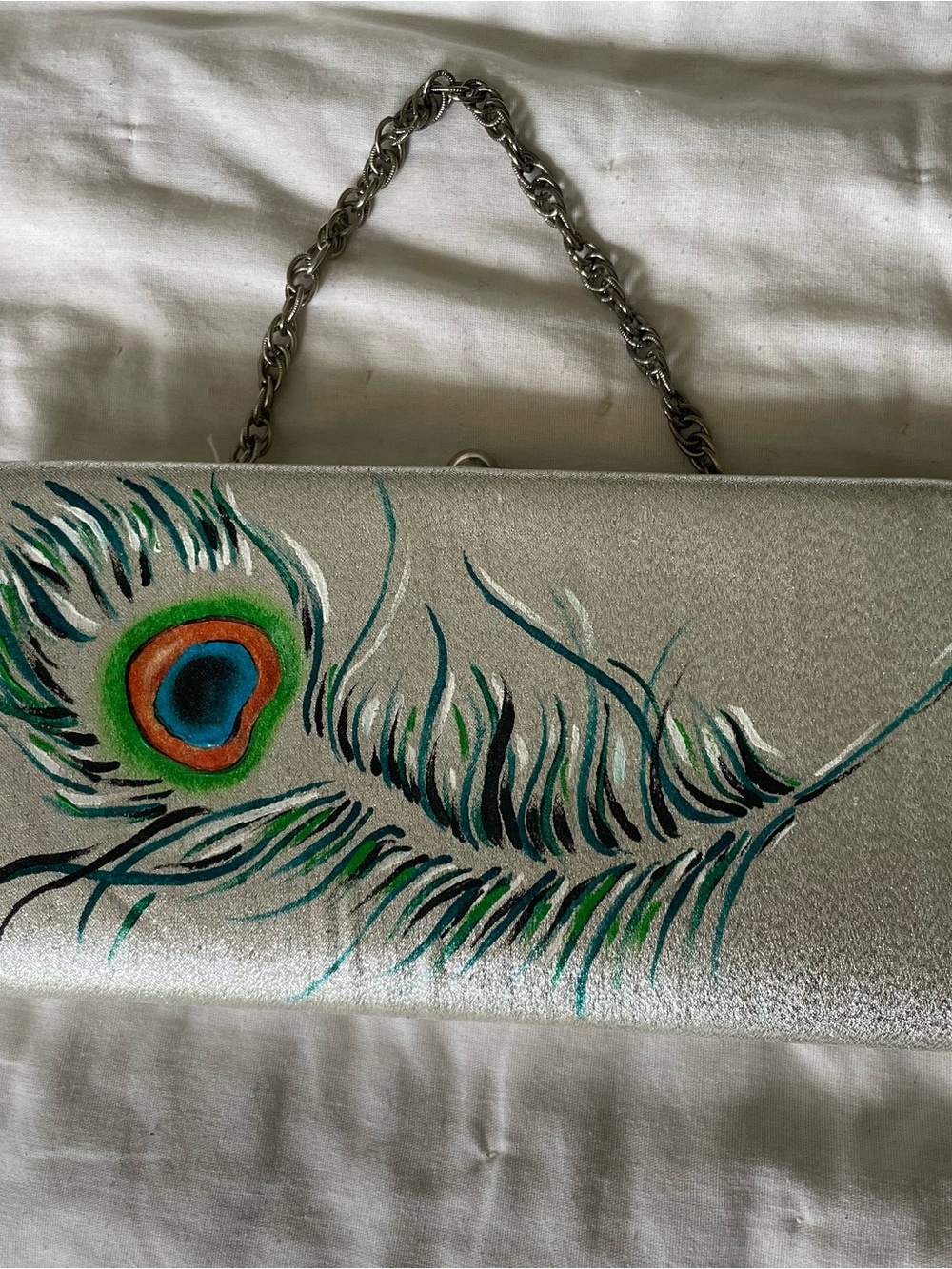 Hand-Painted Vintage Silver Peacock Feather Chain-Handle Clutch